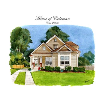 watercolor of a house with text saying House of Coleman Est. 2020