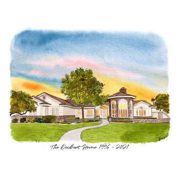 watercolor of a house at sunset with text The Deibert Home 1996-2021