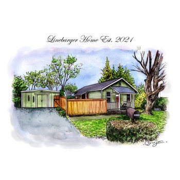 watercolor of a house with text of Linebarger Home Est. 2021