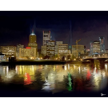 oil cityscape art by harbor at night