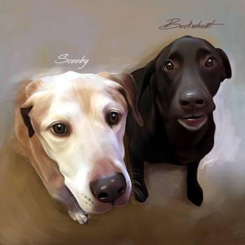 oil portrait of 2 dogs with text Scooby Buckwheat