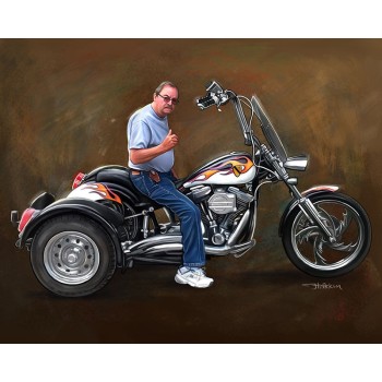 oil portrait of a man sitting on his motorcycle