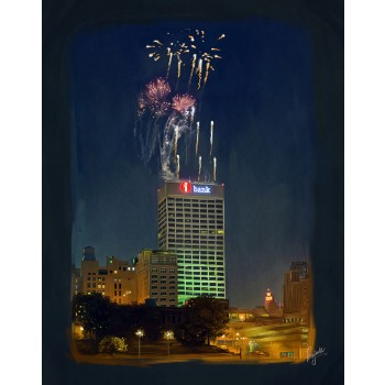 oil painting of fireworks over a building