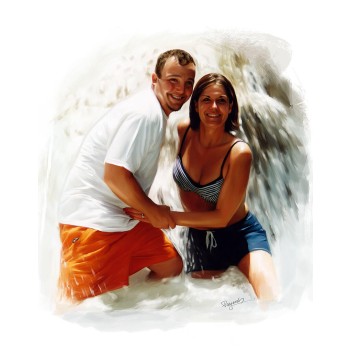 oil portrait of a couple in a waterfall