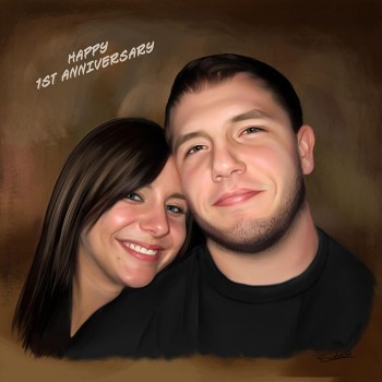 oil portrait of a couple with text Happy 1st Anniversary