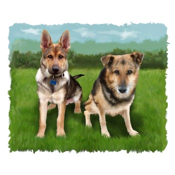 oil portrait of 2 dogs ouside