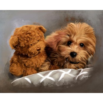 oil portrait of a dog with a look-alike stuffed animal