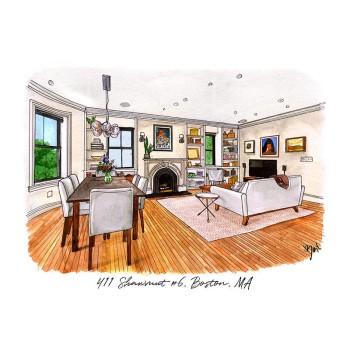 watercolor pen and ink rendering of a living and dining room with address text