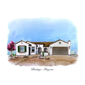 watercolor pen and ink art of a house with location text