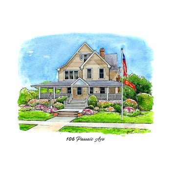 watercolor pen and ink sketch of a house with address text