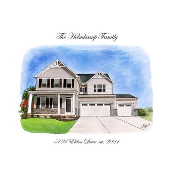watercolor pen and ink painting of a house with address text