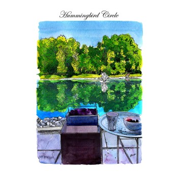 watercolor pen and ink painting of a backyard next to a lake with text Hummingbird Circle