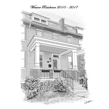 pen and ink art in black and white of a house with name text