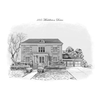 pen and ink black and white drawing of a house with address text