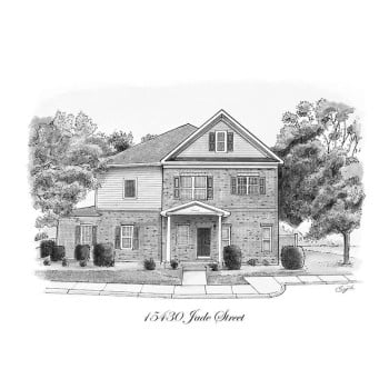 pen and ink black and white drawing of a house with address text