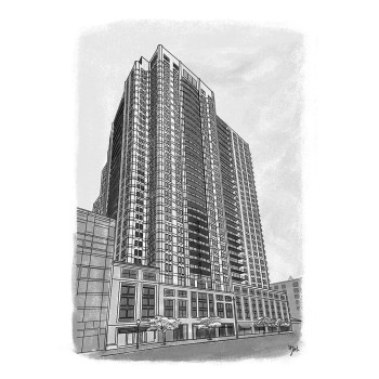 pen and ink black and white sketch of a highrise