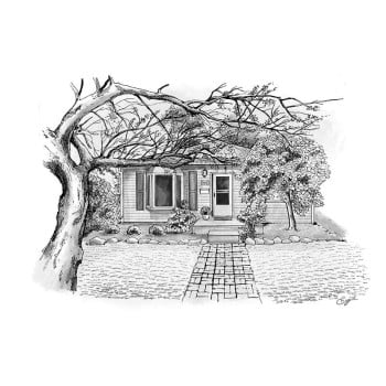 pen and ink black and white drawing of a house