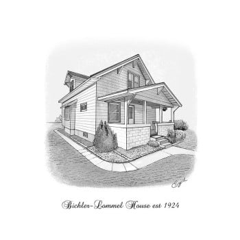 pen and ink black and white art of a house with name text