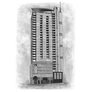 pen and ink black and white drawing of a highrise
