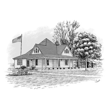 pen and ink black and white drawing of a house