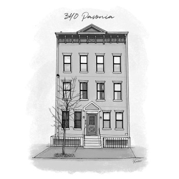 pen and ink black and white art of a house with address text