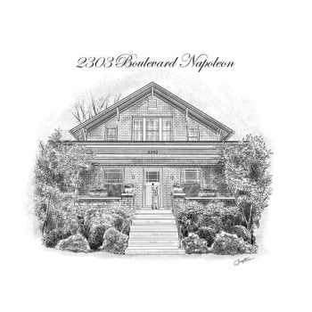 pen and ink black and white drawing of a house with address text