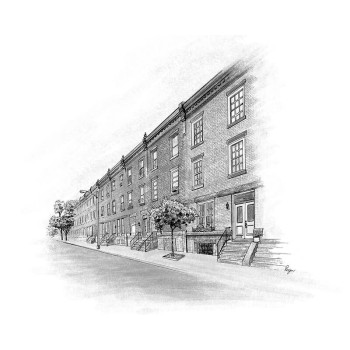 pen and ink black and white art of a townhouse