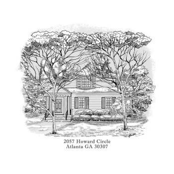 pen and ink black and white drawing of a house with address text