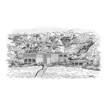 pen and ink in black and white of a house 