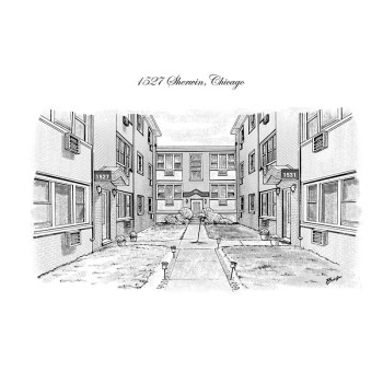 pen and ink in black and white of an apartment with address text