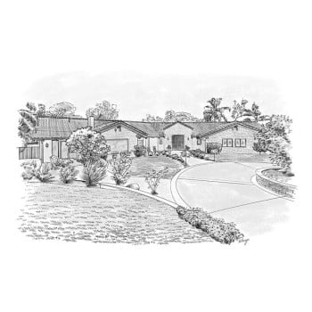 pen and ink black and white sketch of a house