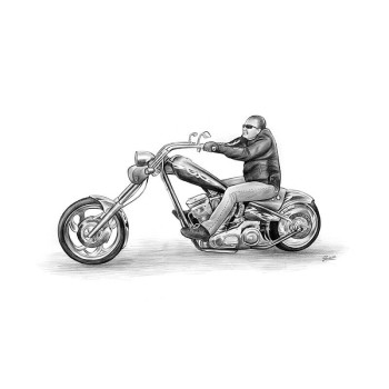 pencil sketch portrait of a man on a chopper motorcycle