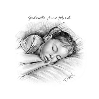 pencil sketch portrait of a sleeping child with text of her name