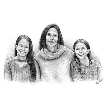 pencil sketch portrait of a woman and 2 girls family