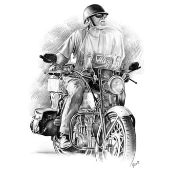 pencil sketch drawing of a man sitting on a motorcycle