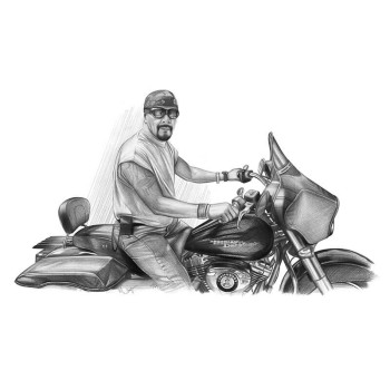 pencil sketch portrait of a man on a motorcycle