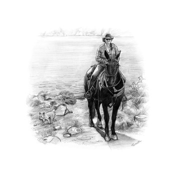 pencil sketch portrait of a woman riding a horse with a dog