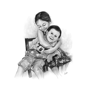 pencil sketch portrait of 2 children boy and girl