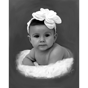 oil portrait in black and white of a baby girl