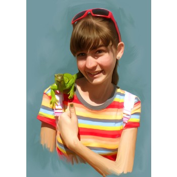 oil portrait of a girl with a pet lizard