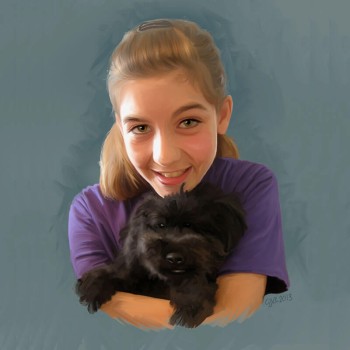 oil portrait painting of a girl holding a dog