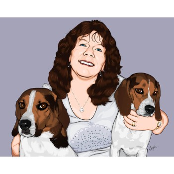 pop art portrait of a woman with 2 dogs