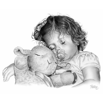 pencil sketch of a sleeping baby with a stuffed animal