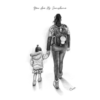 pencil sketch artwork of a woman walking with a child plus text