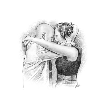 pencil sketch portrait of a couple hugging