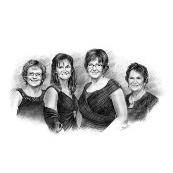 pencil sketch portrait of 4 women