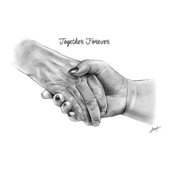 pencil sketch drawing of a 2 clasped hands with text