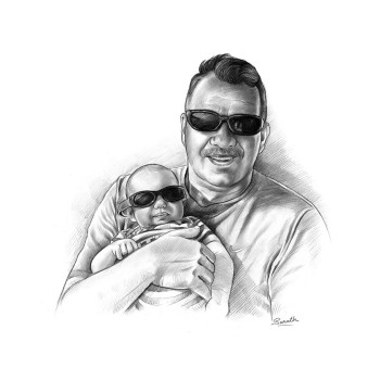 pencil sketch portrait of a man holding a baby