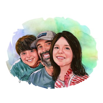 watercolor portrait painting of a man with 2 children