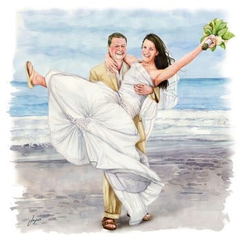 watercolor portrait painting of a wedding couple on the beach